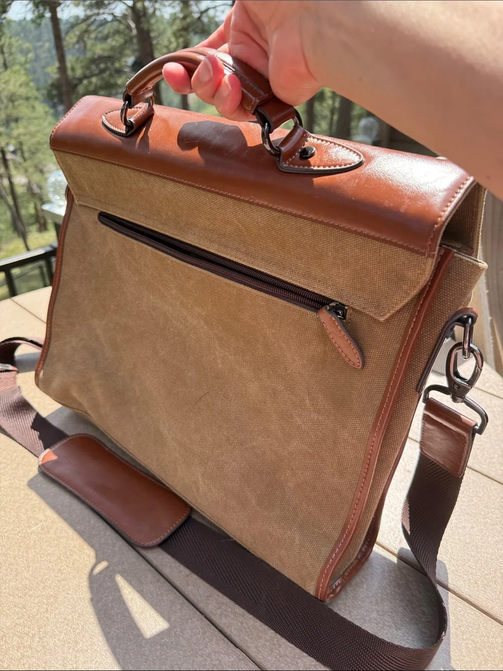 Canvas Messenger Bag with Leather-like Trim - Brown